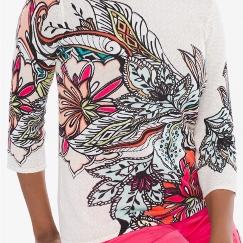 🌺 Chico's Cream Colorful Floral 3/4 Sleeves Pullover Lightweight Sweater Size: M